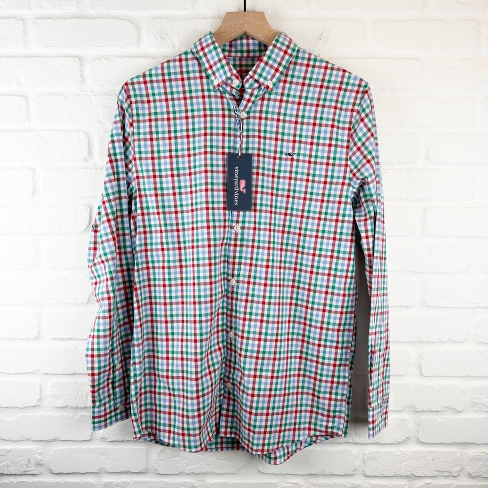 Vineyard Vines Poplin Whale Shirt Green Meadow Plaid button down Shirt XL 18